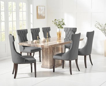 View Carvelle 160cm brown pedestal marble dining table with 6 grey sophia chairs View Carvelle 160cm brown pedestal marble dining table with 6 grey sophia chairs