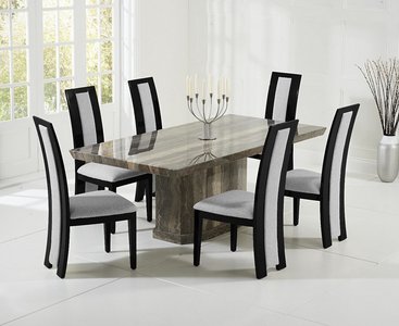 View Carvelle 160cm brown pedestal marble dining table with 4 black novara chairs View Carvelle 160cm brown pedestal marble dining table with 4 black novara chairs