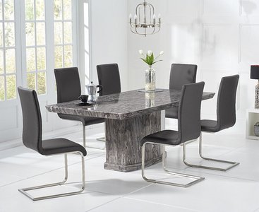 View Carvelle 160cm grey pedestal marble dining table with 8 black austin chairs View Carvelle 160cm grey pedestal marble dining table with 8 black austin chairs