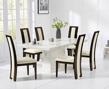 View Carvelle 160cm white pedestal marble dining table with 4 brown novara chairs View Carvelle 160cm white pedestal marble dining table with 4 brown novara chairs