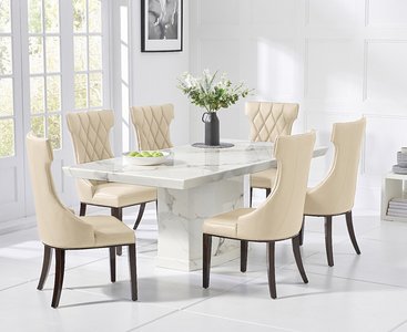View Carvelle 160cm white pedestal marble dining table with 6 cream sophia chairs View Carvelle 160cm white pedestal marble dining table with 6 cream sophia chairs