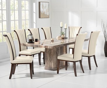 View Carvelle 200cm brown pedestal marble dining table with 10 cream lorient chairs View Carvelle 200cm brown pedestal marble dining table with 10 cream lorient chairs