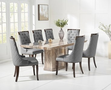 View Carvelle 200cm brown pedestal marble dining table with 10 grey francesca chairs View Carvelle 200cm brown pedestal marble dining table with 10 grey francesca chairs