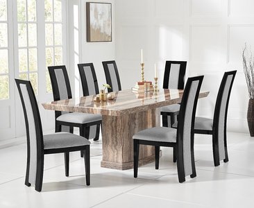 View Carvelle 200cm brown pedestal marble dining table with 8 black novara chairs View Carvelle 200cm brown pedestal marble dining table with 8 black novara chairs