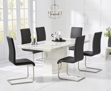 View Carvelle 200cm white pedestal marble dining table with 8 black austin chairs View Carvelle 200cm white pedestal marble dining table with 8 black austin chairs