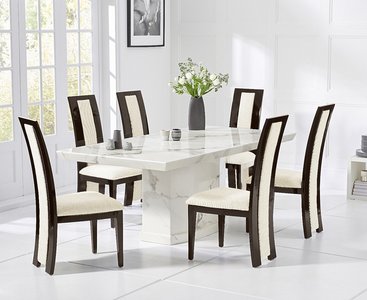 View Carvelle 200cm white pedestal marble dining table with 12 brown novara chairs View Carvelle 200cm white pedestal marble dining table with 12 brown novara chairs