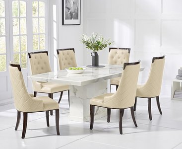 View Carvelle 200cm white pedestal marble dining table with 12 cream francesca chairs View Carvelle 200cm white pedestal marble dining table with 12 cream francesca chairs