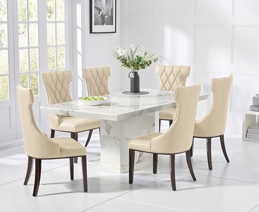 View Carvelle 200cm white pedestal marble dining table with 10 cream sophia chairs View Carvelle 200cm white pedestal marble dining table with 10 cream sophia chairs
