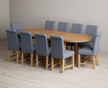 View Extending caversham oak oval dining table with 10 blue braced chairs View Extending caversham oak oval dining table with 10 blue braced chairs