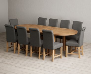 View Extending caversham oak oval dining table with 10 charcoal grey braced chairs View Extending caversham oak oval dining table with 10 charcoal grey braced chairs