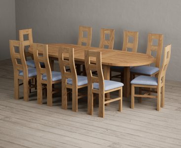 View Extending caversham oak oval dining table with 10 blue natural chairs View Extending caversham oak oval dining table with 10 blue natural chairs