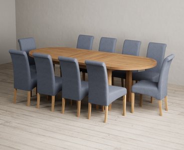 View Extending caversham oak oval dining table with 10 blue scroll back chairs View Extending caversham oak oval dining table with 10 blue scroll back chairs