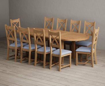 View Extending caversham oak oval dining table with 10 blue natural solid oak chairs View Extending caversham oak oval dining table with 10 blue natural solid oak chairs