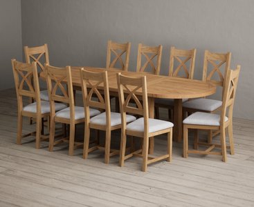 View Extending caversham oak oval dining table with 10 light grey natural solid oak chairs View Extending caversham oak oval dining table with 10 light grey natural solid oak chairs