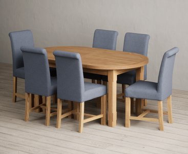 View Extending caversham oak oval dining table with 6 blue braced chairs View Extending caversham oak oval dining table with 6 blue braced chairs