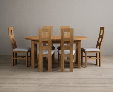 View Extending caversham oak oval dining table with 6 light grey natural chairs View Extending caversham oak oval dining table with 6 light grey natural chairs