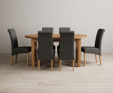View Extending caversham oak oval dining table with 6 charcoal grey scroll back chairs View Extending caversham oak oval dining table with 6 charcoal grey scroll back chairs