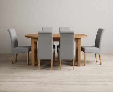 View Extending caversham oak oval dining table with 6 grey scroll back chairs View Extending caversham oak oval dining table with 6 grey scroll back chairs