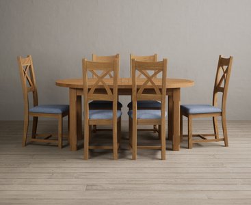 View Extending caversham oak oval dining table with 6 blue natural solid oak chairs View Extending caversham oak oval dining table with 6 blue natural solid oak chairs