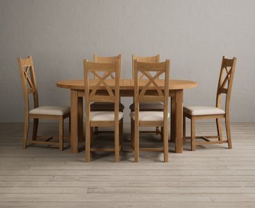 View Extending caversham oak oval dining table with 6 linen natural solid oak chairs View Extending caversham oak oval dining table with 6 linen natural solid oak chairs