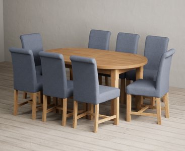 View Extending caversham oak oval dining table with 8 blue braced chairs View Extending caversham oak oval dining table with 8 blue braced chairs
