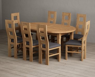View Extending caversham oak oval dining table with 8 charcoal grey natural chairs View Extending caversham oak oval dining table with 8 charcoal grey natural chairs