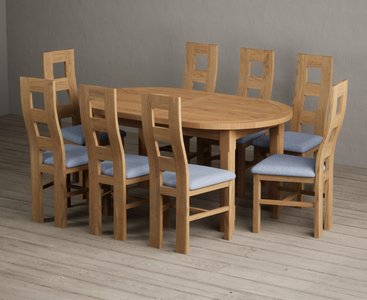View Extending caversham oak oval dining table with 8 blue natural chairs View Extending caversham oak oval dining table with 8 blue natural chairs