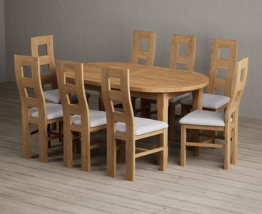 View Extending caversham oak oval dining table with 8 light grey natural chairs View Extending caversham oak oval dining table with 8 light grey natural chairs