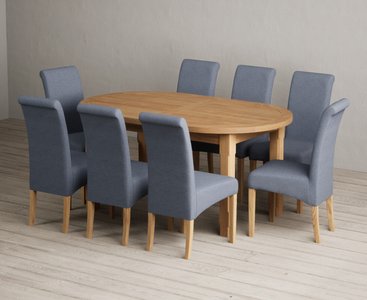 View Extending caversham oak oval dining table with 8 blue scroll back chairs View Extending caversham oak oval dining table with 8 blue scroll back chairs