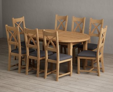 View Extending caversham oak oval dining table with 8 charcoal grey natural solid oak chairs View Extending caversham oak oval dining table with 8 charcoal grey natural solid oak chairs