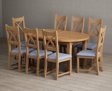 View Extending caversham oak oval dining table with 8 blue natural solid oak chairs View Extending caversham oak oval dining table with 8 blue natural solid oak chairs