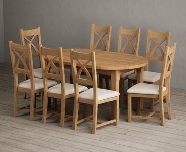 View Extending caversham oak oval dining table with 8 linen natural solid oak chairs View Extending caversham oak oval dining table with 8 linen natural solid oak chairs