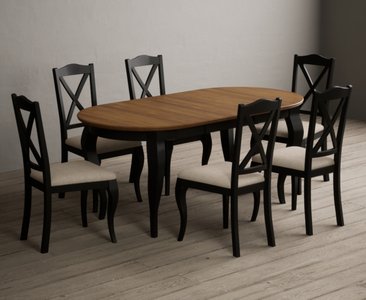 View Extending chateau noir 140cm oak and black painted oval dining table with 6 linen chateau noir chairs View Extending chateau noir 140cm oak and black painted oval dining table with 6 linen chateau noir chairs