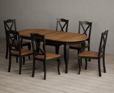 View Extending chateau noir 140cm oak and black painted oval dining table with 6 rustic oak chateau noir chairs View Extending chateau noir 140cm oak and black painted oval dining table with 6 rustic oak chateau noir chairs
