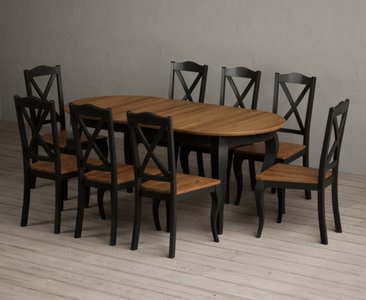 View Extending chateau noir 140cm oak and black painted oval dining table with 8 rustic oak chateau noir chairs View Extending chateau noir 140cm oak and black painted oval dining table with 8 rustic oak chateau noir chairs
