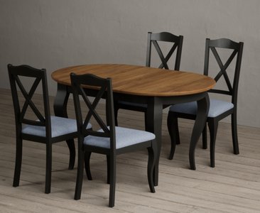 View Extending chateau noir 140cm oak and black painted oval dining table with 4 blue chateau noir chairs View Extending chateau noir 140cm oak and black painted oval dining table with 4 blue chateau noir chairs
