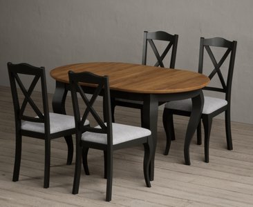 View Extending chateau noir 140cm oak and black painted oval dining table with 4 light grey chateau noir chairs View Extending chateau noir 140cm oak and black painted oval dining table with 4 light grey chateau noir chairs
