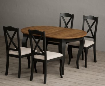View Extending chateau noir 140cm oak and black painted oval dining table with 4 linen chateau noir chairs View Extending chateau noir 140cm oak and black painted oval dining table with 4 linen chateau noir chairs
