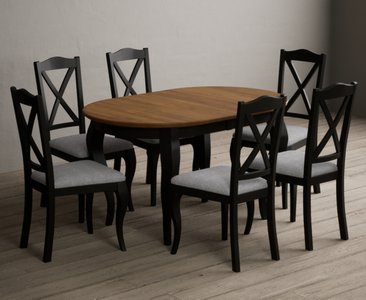 View Extending chateau noir 140cm oak and black painted oval dining table with 6 light grey chateau noir chairs View Extending chateau noir 140cm oak and black painted oval dining table with 6 light grey chateau noir chairs