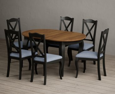 View Extending chateau noir 140cm oak and black painted oval dining table with 6 blue chateau noir chairs View Extending chateau noir 140cm oak and black painted oval dining table with 6 blue chateau noir chairs