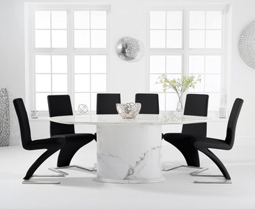 View Colby 200cm oval white marble dining table with 6 black aldo chairs View Colby 200cm oval white marble dining table with 6 black aldo chairs