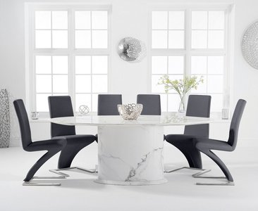 View Colby 200cm oval white marble dining table with 6 grey aldo chairs View Colby 200cm oval white marble dining table with 6 grey aldo chairs