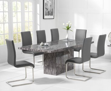 View Crema 220cm grey marble dining table with 12 black austin chairs View Crema 220cm grey marble dining table with 12 black austin chairs