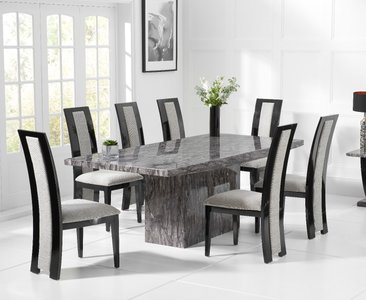 View Crema 180cm grey marble dining table with 10 black novara chairs View Crema 180cm grey marble dining table with 10 black novara chairs