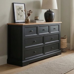 View Charlton oak and black painted wide chest of drawers View Charlton oak and black painted wide chest of drawers