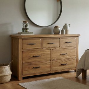 View Rustic solid oak wide chest of drawers | 7 dovetail drawers
