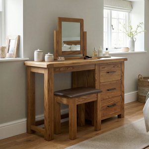 View Rustic solid oak dressing table set | table- mirror & stool View Rustic solid oak dressing table set | table- mirror & stool