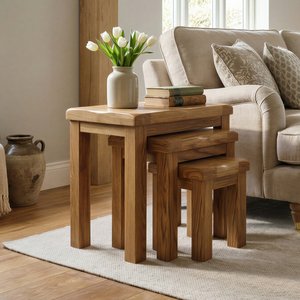 View Rustic solid oak nest of tables | set of 3 View Rustic solid oak nest of tables | set of 3