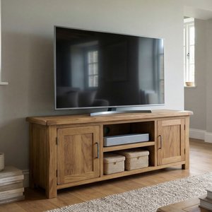 View Rustic solid oak wide tv cabinet | 2 doors & shelf