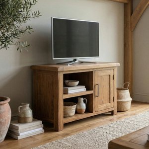 View Rustic solid oak small tv cabinet | 1 door & 2 shelves View Rustic solid oak small tv cabinet | 1 door & 2 shelves